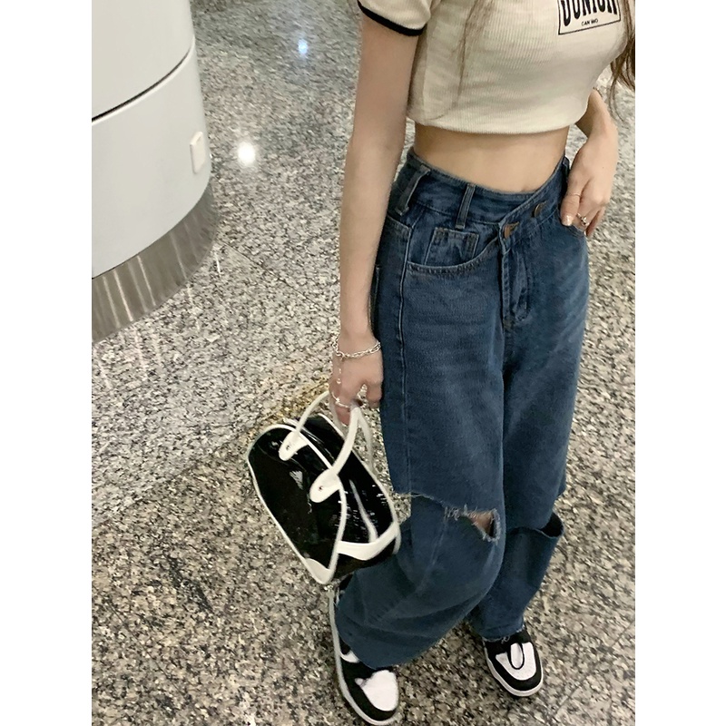 Quần jean nữ lưng cao thiết kế kiểu rách cá tính