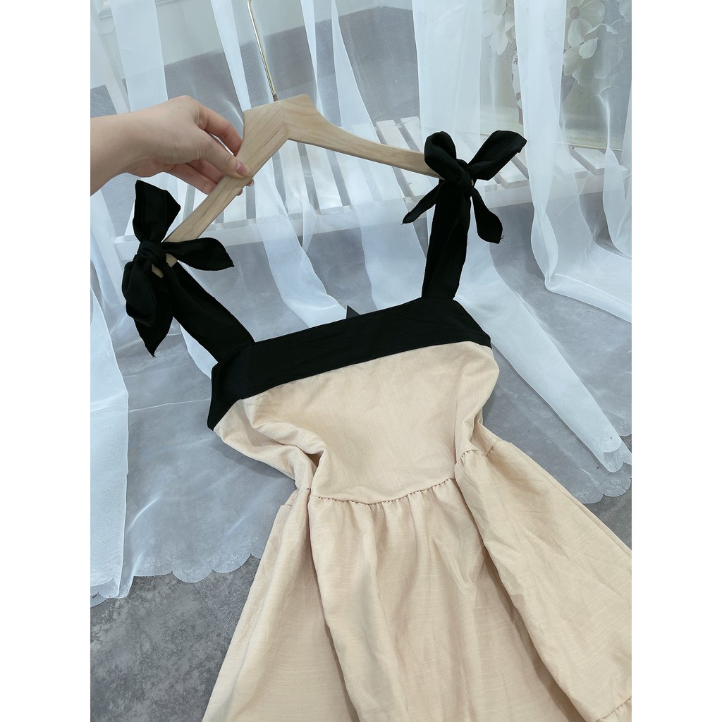 Đầm Suông Trơn 2 Dây Phối Nơ Vai Váy Đũi freesize <70kg