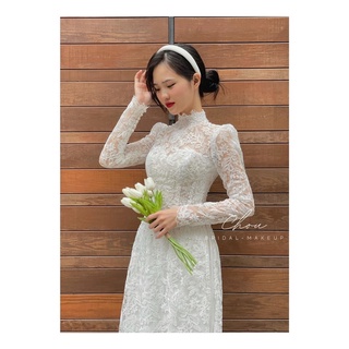 Áo dài dâu ren phủ trắng xinh, mặc nổi bật lắm luôn ạ.
