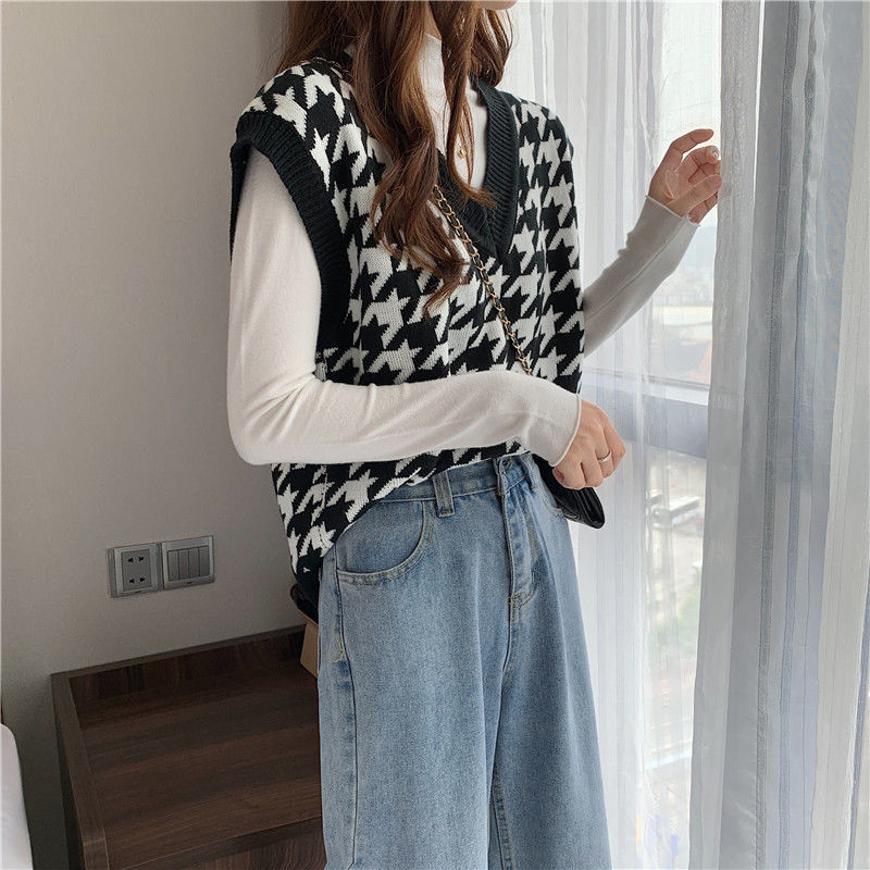 Áo Vest Dệt Kim Cổ Chữ V Màu Sắc Tương Phản Phong Cách Hàn Quốc Thời Trang Cho Nữ