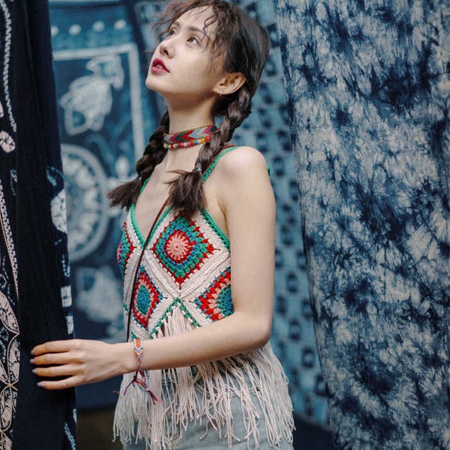 Jiashucheng Dream Horse Áo Vest Dệt Kim Khoét Rỗng Dáng Ngắn Phối Tua Rua Phong Cách Dân Tộc Thích Hợp Đi Nghỉ Mát Mùa Hè