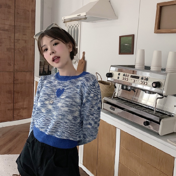 ZHELIHANGFEI Áo Sweater Dệt Kim Tay Dài Lưng Cao Kẻ Sọc Khoét Hình Trái Tim Dễ Thương