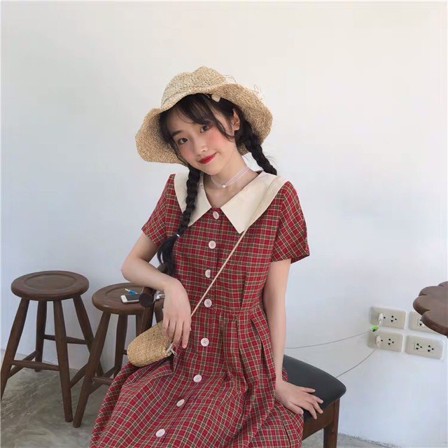 (Order-ảnh thật) bigsize S-4XL Đầm vintage kẻ caro cổ cách điệu phối khuy dọc siêu cute