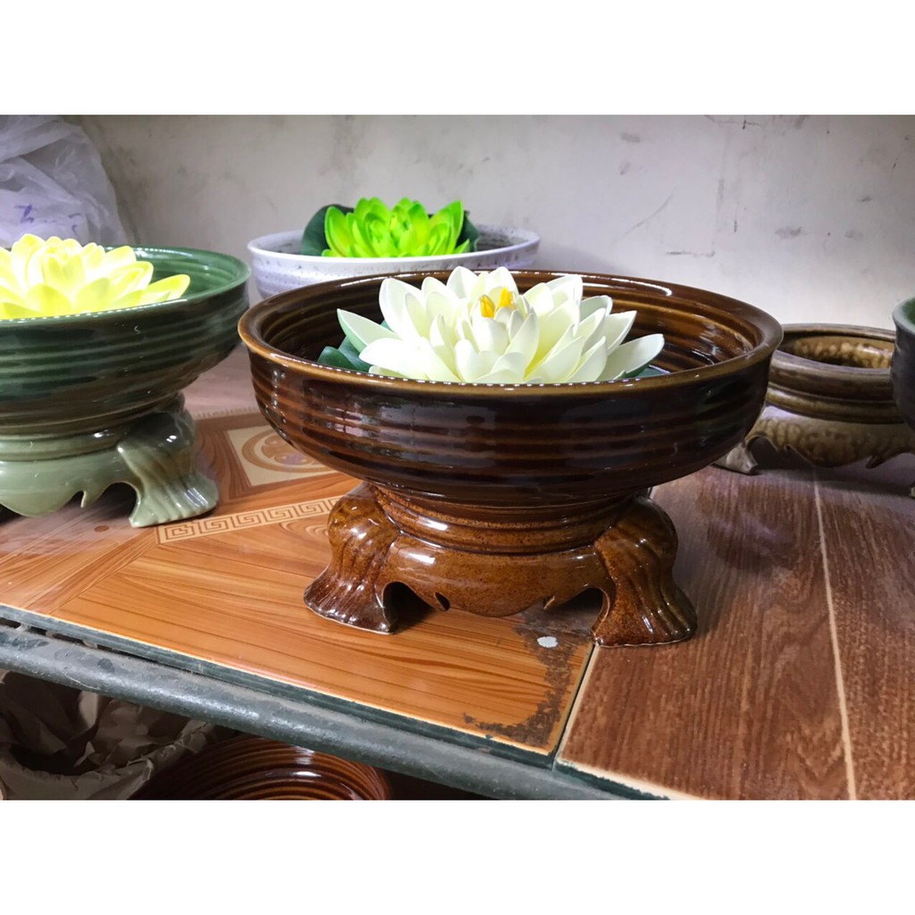Bát Sen Thả Hoa Dáng Tròn 25cm Bát Tụ Lộc đồ thờ cúng gốm sứ đề ban thần tài hút tài lộc chiêu tài