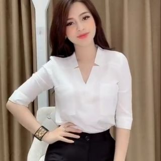 Áo sơ mi cổ V tay lửng, kèm ảnh thật