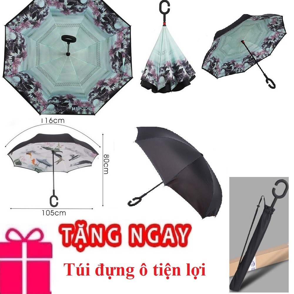 ô dù mở ngược làng xưa 2 lớp tặng kèm túi đựng ô thương hiệu shopaha247 đường kính 105 cm