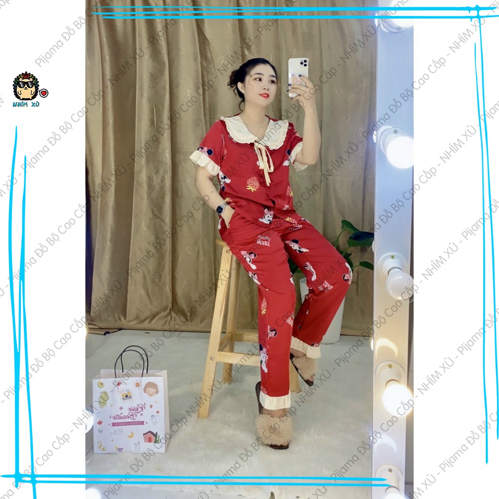 Đồ Bộ Ngủ Pijama Mặc Nhà Quần Dài Áo Tay Ngắn Cổ Bèo Tay Phồng Vải Satin Cao Cấp Mickey | BigBuy360 - bigbuy360.vn
