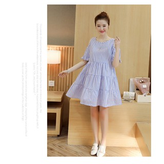 Đầm bầu hở vai caro dễ thương