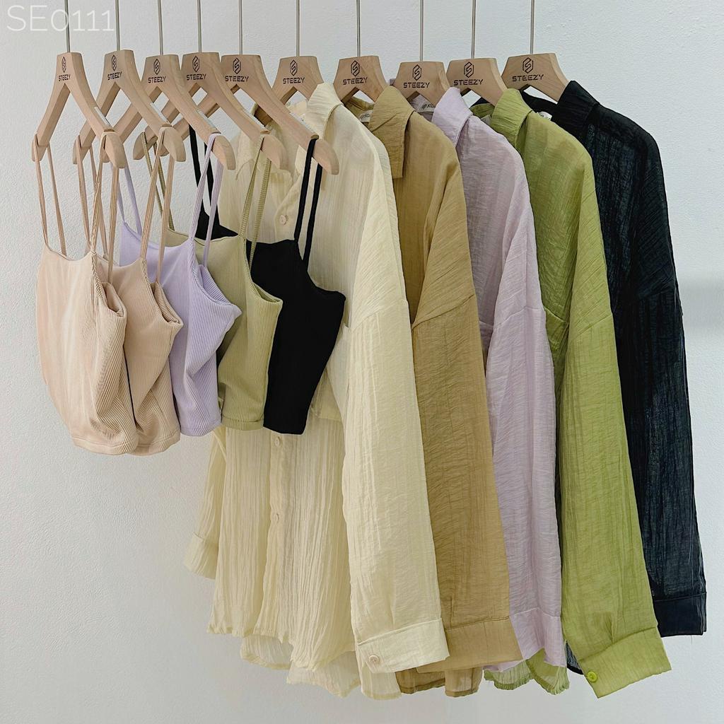 [SE0111] Set áo sơ mi tơ nhăn mỏng trơn kèm quây có mút đệm ngực form rộng (Ảnh thật/ có sẵn)