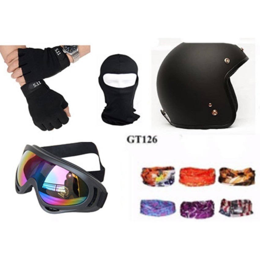 Mũ bảo hiểm 3/4 + kinh UV + găng hở ngón 511 đen + khăn phượt ( Màungẫu nhiên) + Mũ trùm ninja