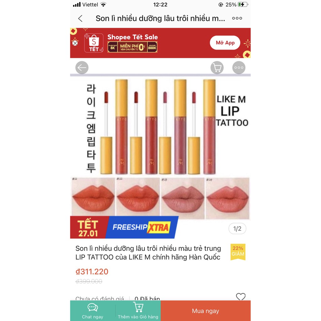 [ĐỌC KỸ MÔ TẢ] Son kèm lì lâu trôi LIKE M LIP TATTOO (Hàn Quốc) màu 22 và 23