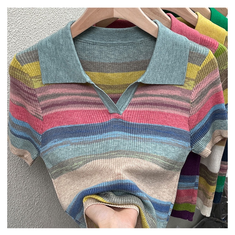 Áo dệt kim SUXI ngắn tay họa tiết kẻ sọc màu sắc tương phản phong cách vintage thời trang mùa hè cho nữ