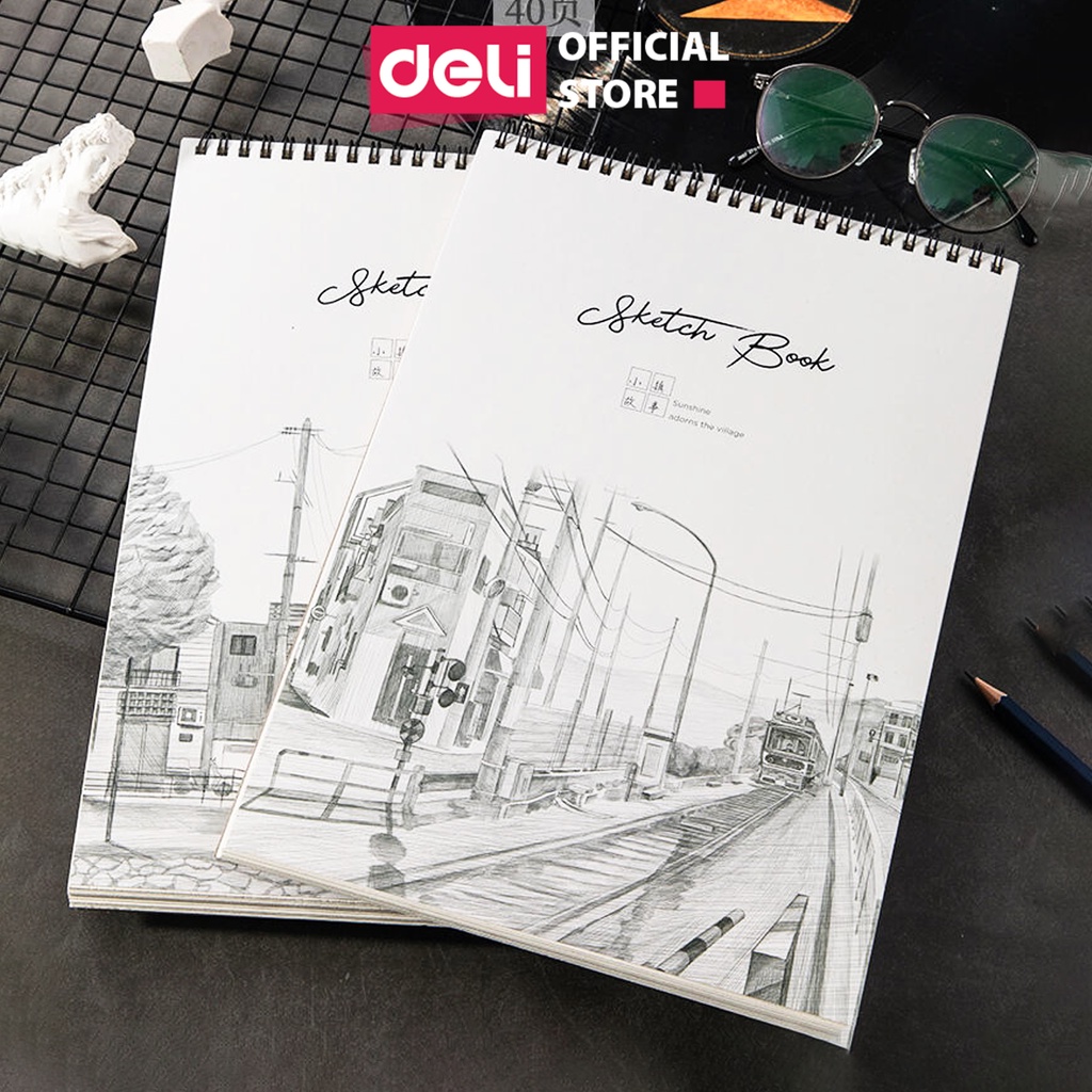 Sổ phác thảo 100gsm 80 trang lò xo kép nhiều kích cỡ Deli sketchnote vẽ phác họa, sketchpaper, giấy mịn tự nhiên-1 quyển