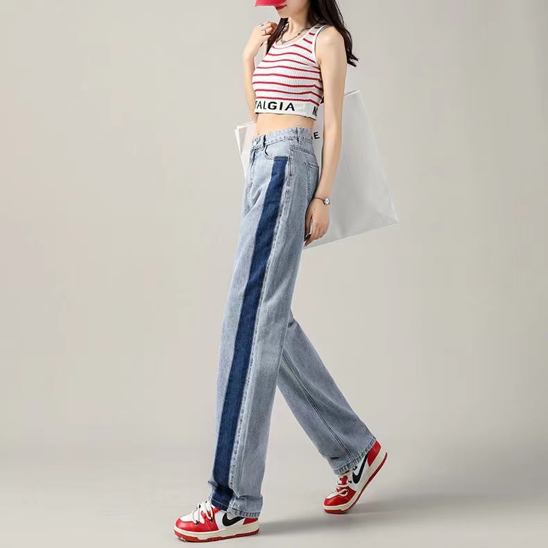 Quần jean SUXI lưng cao ống rộng màu sắc tương phản dễ phối đồ thời trang mùa hè cho nữ