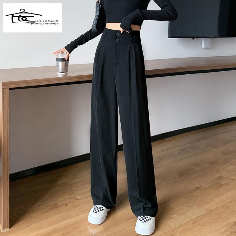 Quần Dài Ống Rộng Lưng Cao Màu Đen Phong Cách Hàn Quốc Thời Trang Xuân Thu Cho Nữ