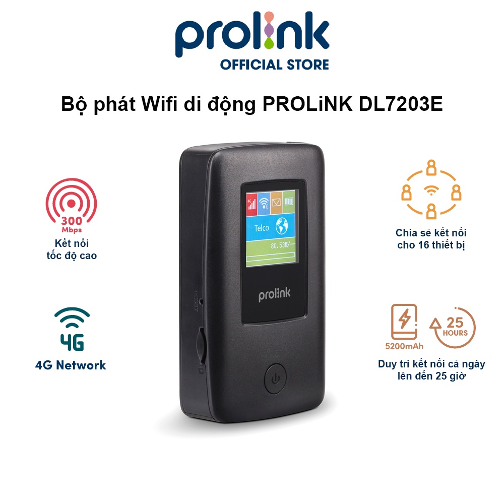 Bộ phát Wifi di động PROLiNK DL7203E dùng SIM 4G LTE 150Mbps, pin 5200mAH lên tới 25h, TFT 1.44&quot;, cổng RJ45, USB 2.0