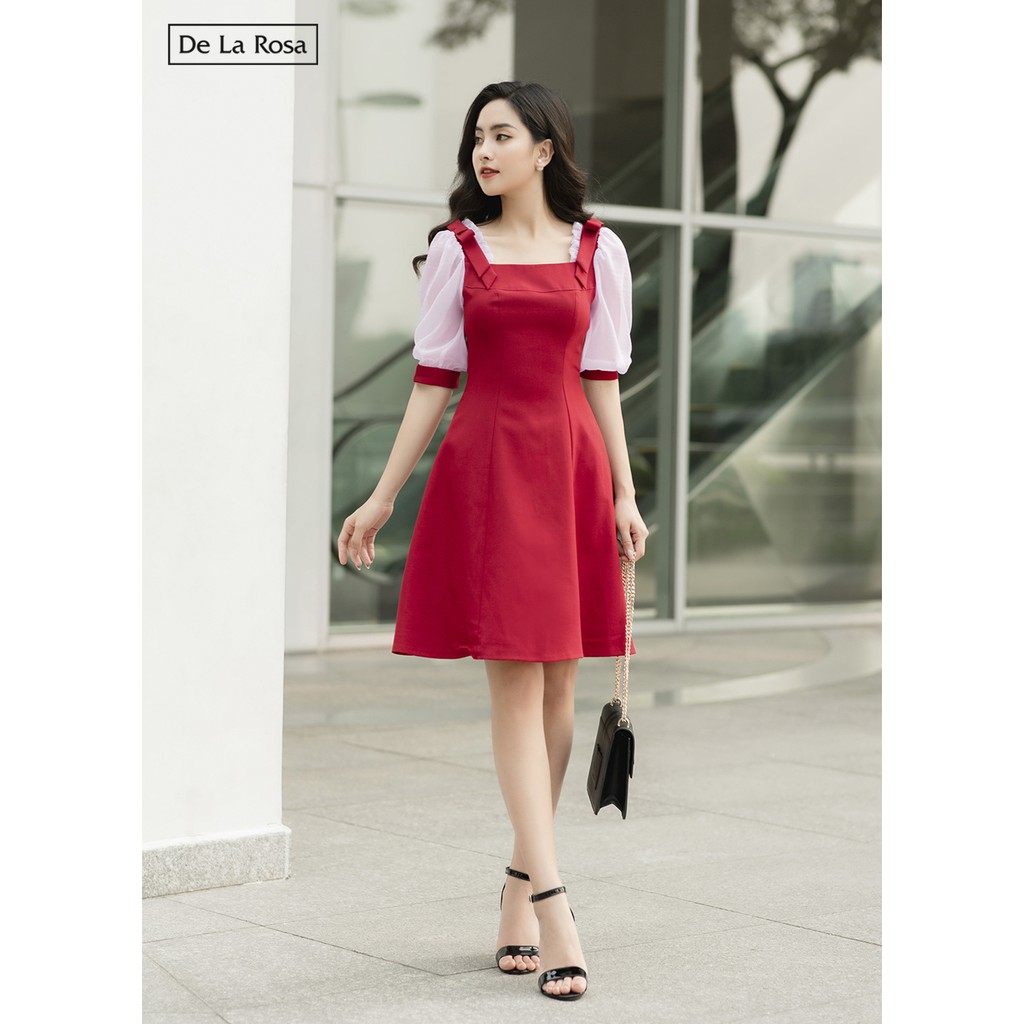 Đầm váy đỏ thiết kế dáng xòe tay lỡ phối von tiểu thư dự tiệc - De La Rosa