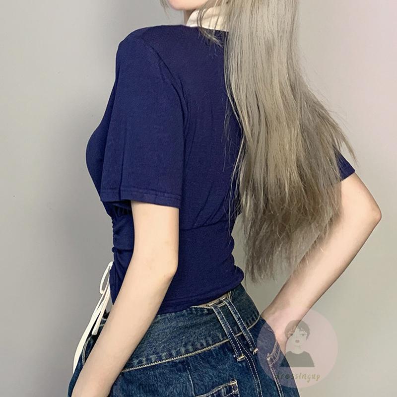 Áo Thun Nữ Ngắn Tay Cổ Chữ V Dây Rút Thời Trang
