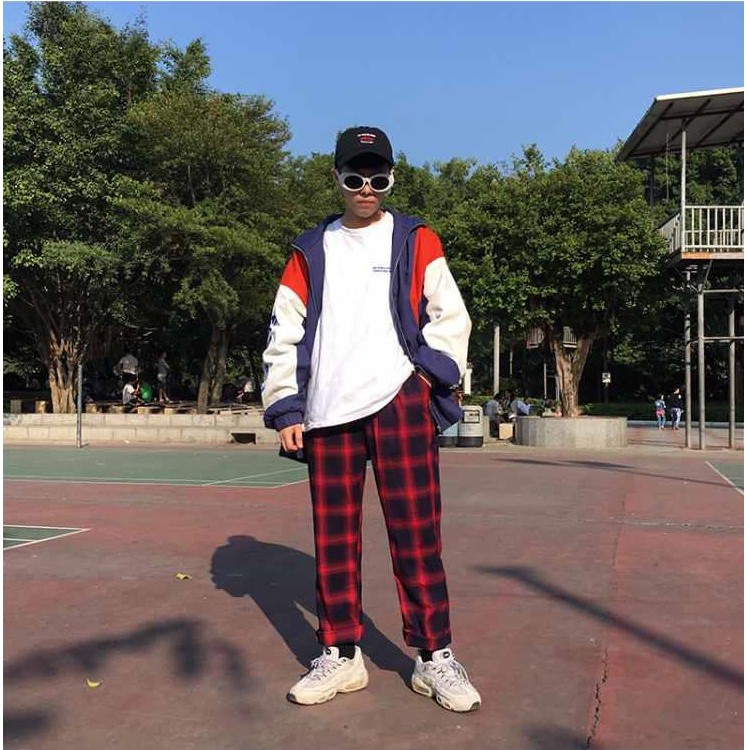Quần baggy ống rộng bigsize kẻ caro đen đỏ dáng suông unisex | BigBuy360 - bigbuy360.vn
