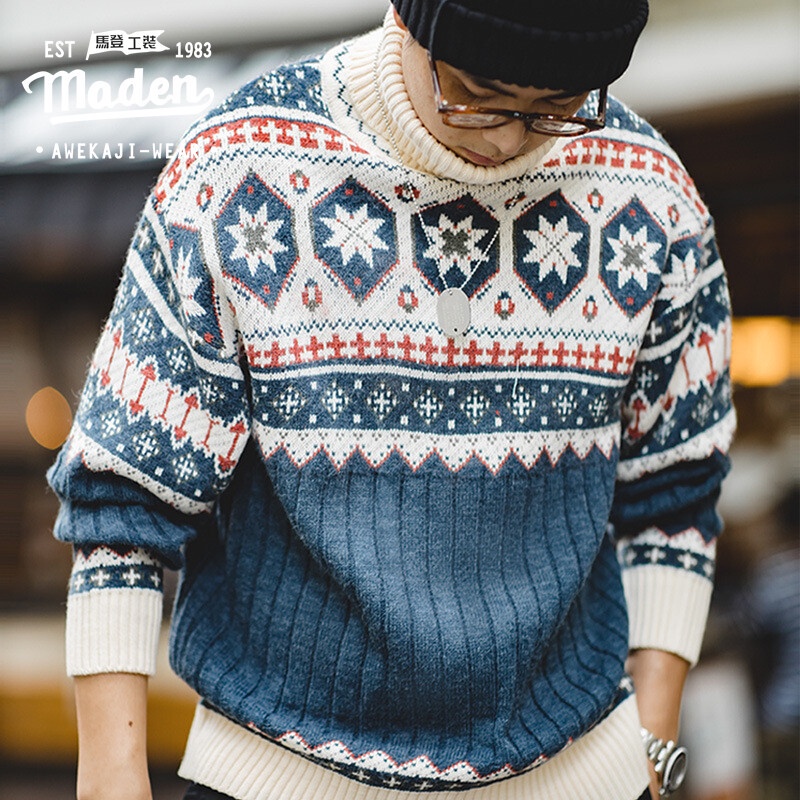 MADEN tooling men's autumn and winter Japanese retro Fair Isle jacquard turtleneck thick warm sweater