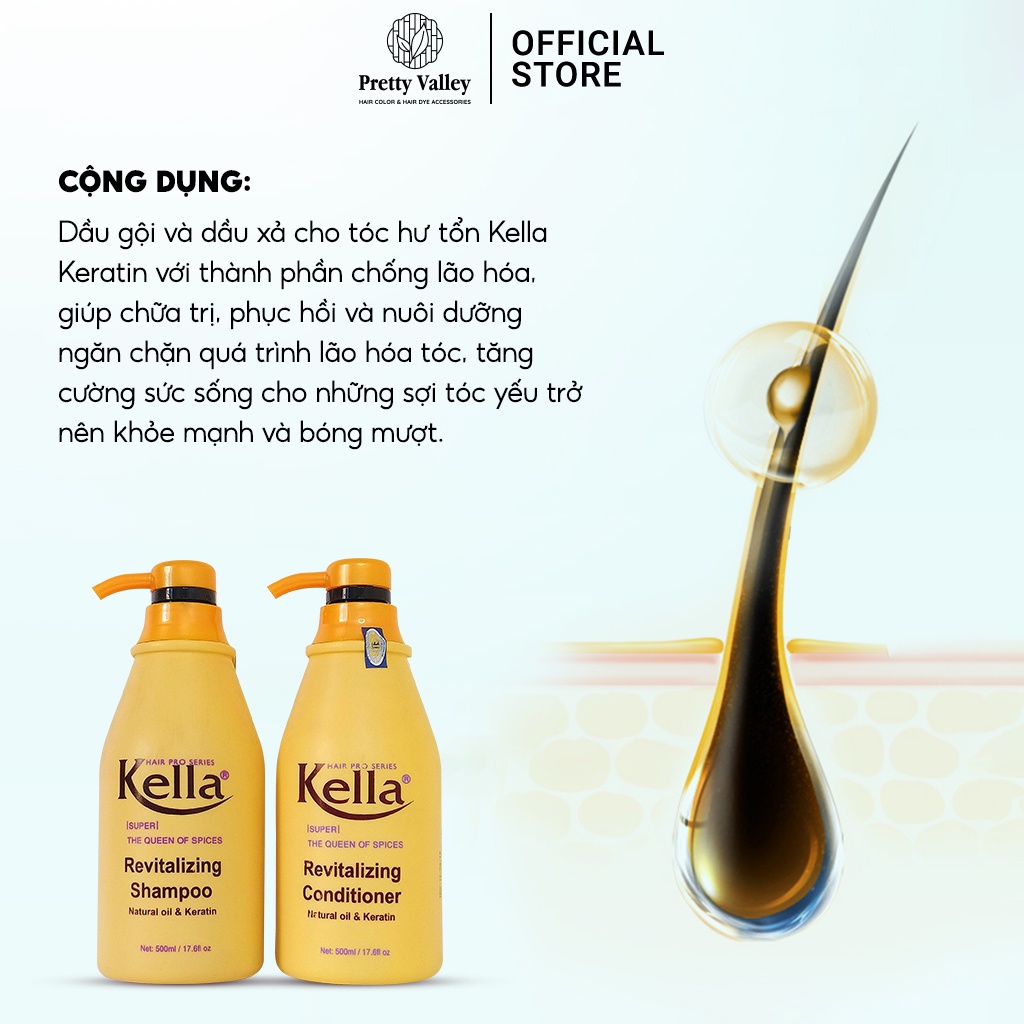 Combo dầu gội &amp; xả phục hồi tóc hư tổn KELLA KERATIN chống lão hóa, nuôi dưỡng tóc yếu khỏe mạnh - Pretty Valley Store