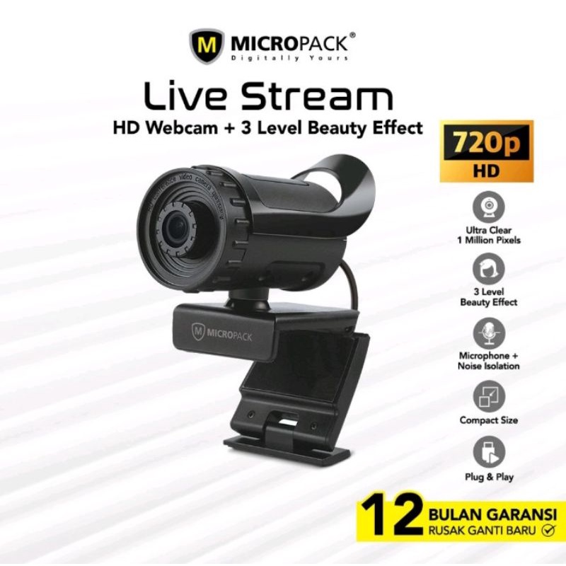 Micropack Live Stream WebCam HD 720P với Mic + hiệu ứng đẹp cho laptop Macbook điện thoại