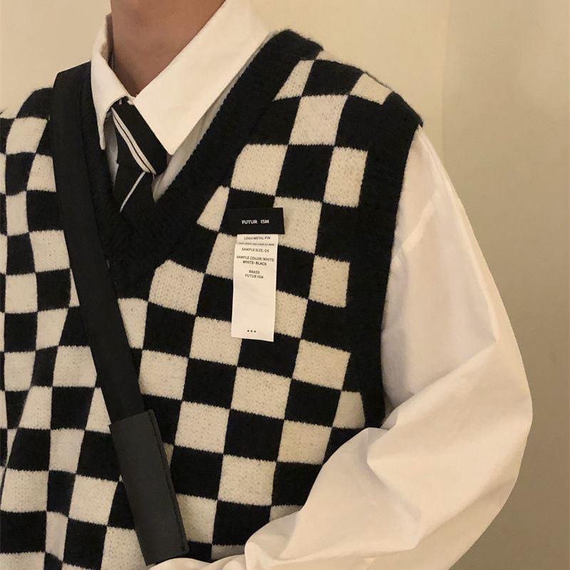 Áo gile len caro dáng rộng unisex, phong cách, thời trang | BigBuy360 - bigbuy360.vn