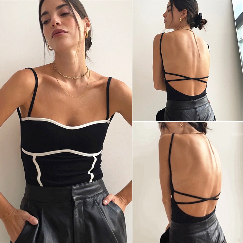 W[]-Women´s Bodysuit Contrast Panel Sleeveless Sling Design Open Back Slim Fit Summer Jumpsuit | BigBuy360 - bigbuy360.vn