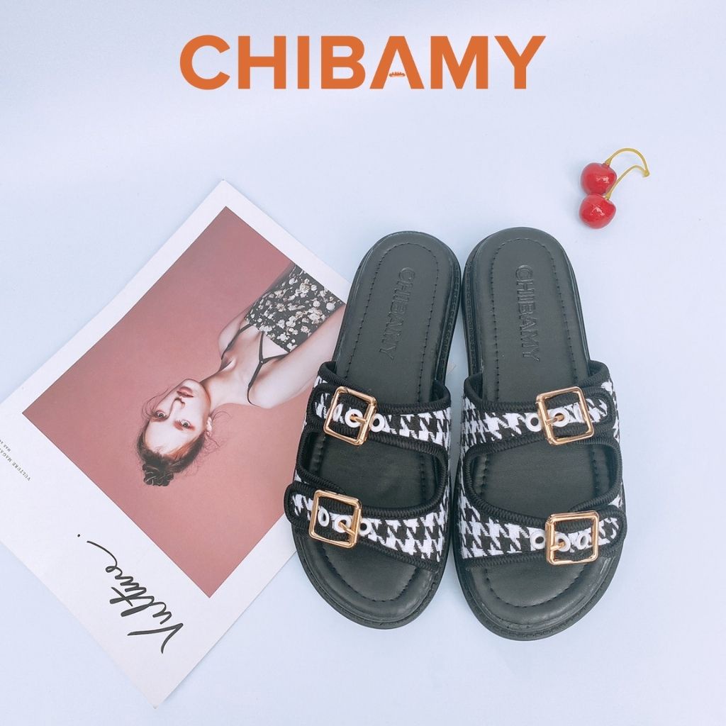 Dép nữ 2 quai ngang gắn Khuy Vuông CHIBAMY quai nhún bản to cao 5cm