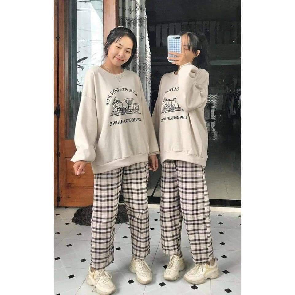 Bộ Nỉ NORTH Culottes Kẻ Tàu Hoả Nữ Unisex - Set sweater nỉ bông tay bồng mix quần suông ống rộng caro Ulzzang