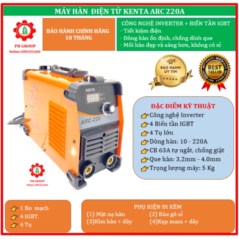 Máy hàn điện tử KENTA ARC 220A | Công suất 220A | Sử dụng que hàn 3,2 - 4.0 ly | Công nghệ Nhật Bản