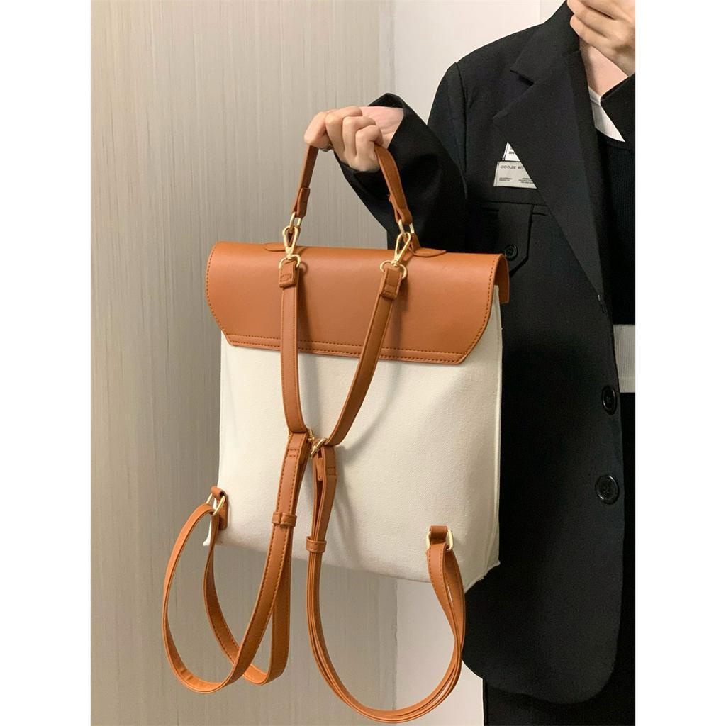 Balo cặp nữ đi học đi làm thời trang cao cấp giá rẻ vải phối da màu nâu trắng BLN0008 Hana Bags