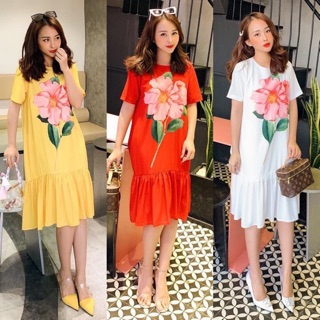 Đầm suông ép hoa 3D beo lai tay ngắn