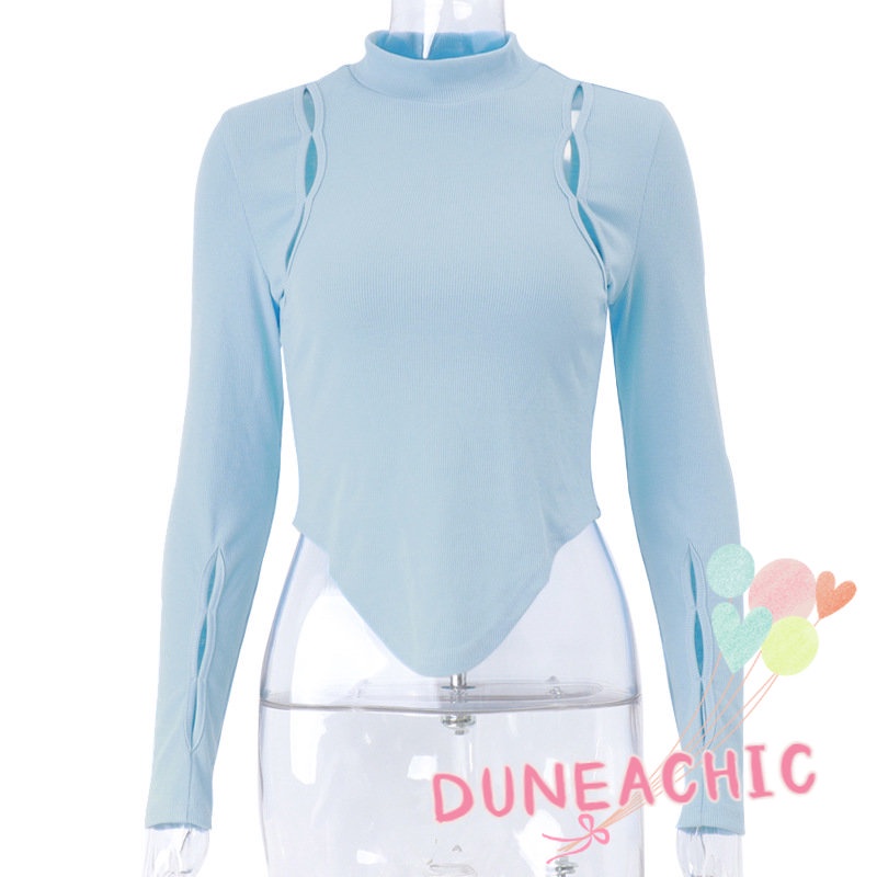 DUNEA Áo Thun Nữ Tay Dài Cổ Cao Màu Trơn Thời Trang