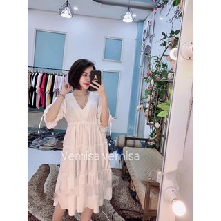 Váy bầu trắng cổ V chất lụa siêu mềm mát, đầm bầu công chúa thiết kế dây rút eo đi đám cưới siêu xinh V272