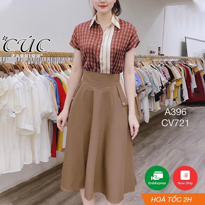 Chân váy đầm xòe nữ dáng dài công sở Cúc Fashion CV721 cv xòe 2 cúc vàng