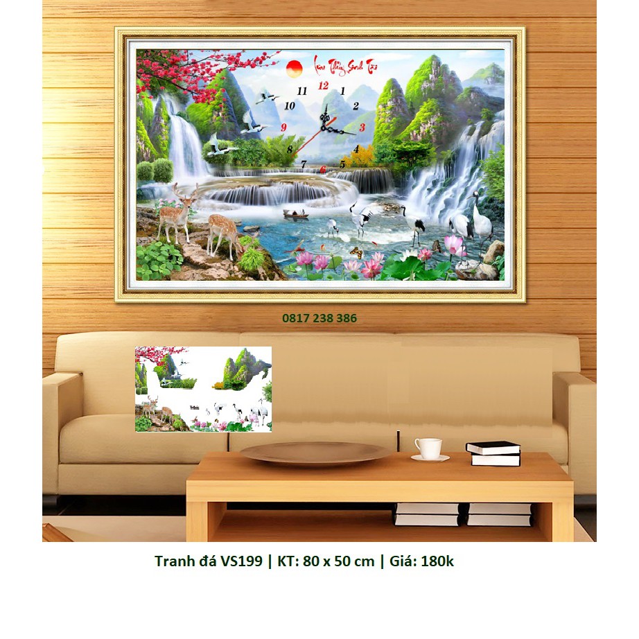 Tranh thêu chữ thập, tranh đính đá đồng hồ lưu thủy sinh tài VS199 (80 x 50 cm), LV3333 (67 x 43 cm)