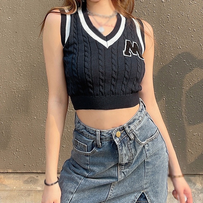 Áo Croptop Sát Nách Cổ Chữ V Thêu Chữ Màu Sắc Tương Phản Phong Cách Hàn Quốc Cho Nữ