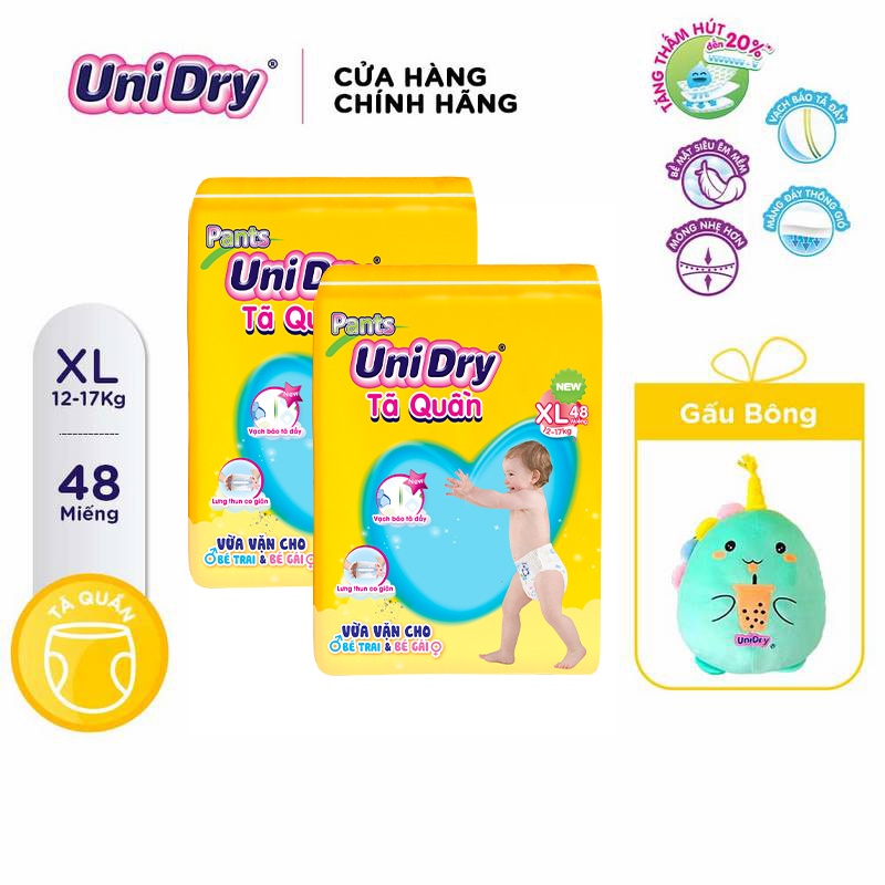 [Tặng 01 thú bông 40cm] Combo 2 Tã Quần UniDry Gói Jumbo Size M60-L54-XL48-XXL44