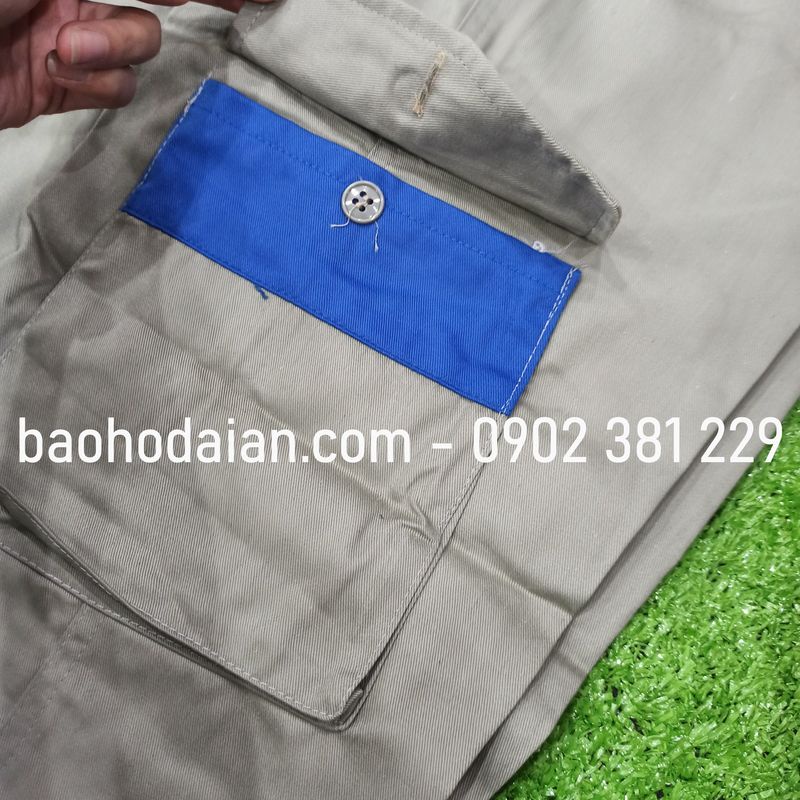 Quần áo bảo hộ lao động vải kaki 31 túi hộp ghi đất phối xanh - M13