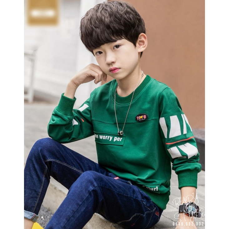 Áo thun nỉ - Áo sweater bé trai &quot;WORRY&quot; 14-45kg (4-14 tuổi). Thoải mái - ấm áp. Hàng may kỹ. B43
