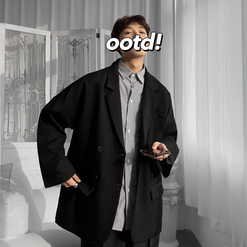 ♞AFF LIGA♞ Áo khoác blazer tay dài dáng rộng màu xám và đen phong cách cổ điển thời trang Hàn Quốc cho nam