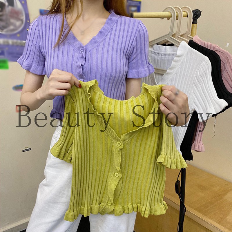 Áo Croptop Dệt Kim Tay Ngắn Cổ Chữ V Màu Trơn Phong Cách Hàn Quốc