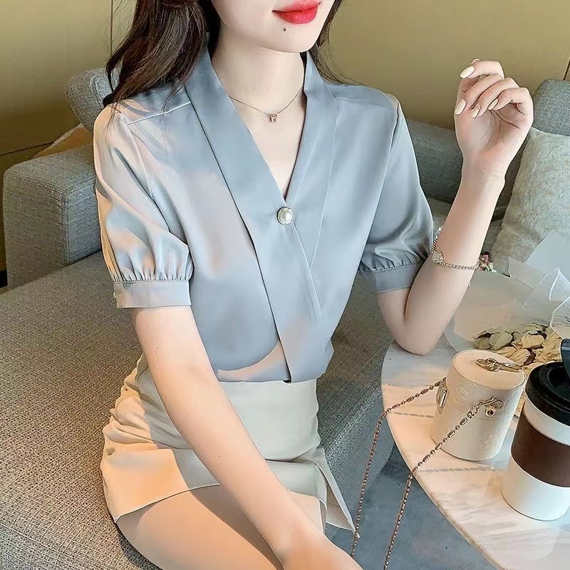 Áo Sơ Mi Chiffon Tay Ngắn Cổ Chữ v Đính Hạt Thời Trang Mùa Hè Mới Dành Cho Nữ