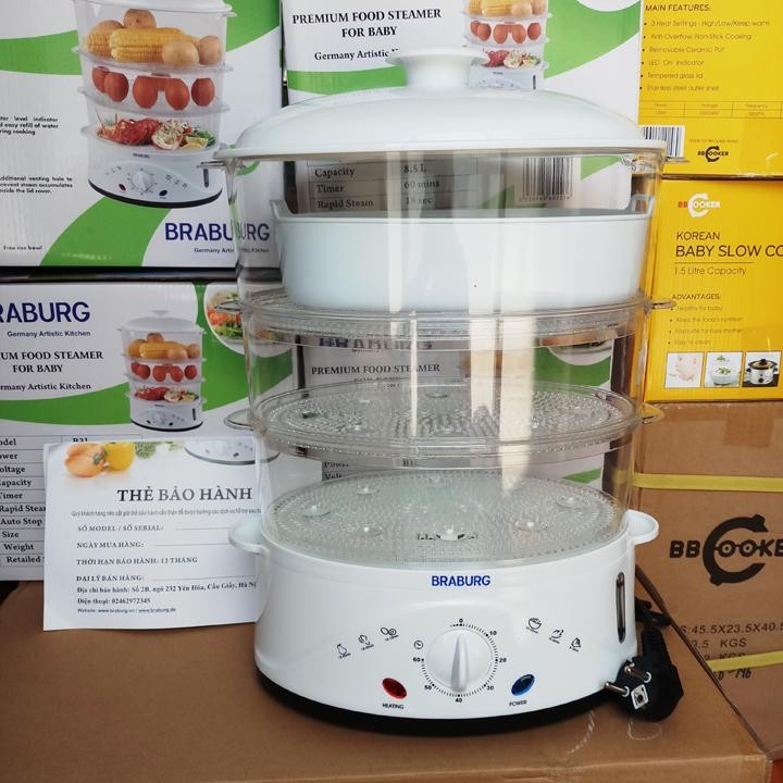 (BH 12TH) Nồi hấp điện 3 tầng thực phẩm đa năng 9L - Đồ ăn dặm cho Bé BRABURG B3L (Công nghệ Đức)