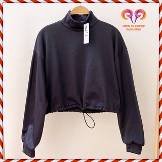 Áo sweater croptop nữ chất nỉ rút eo bo tay dài vải dày mịn cao cổ .