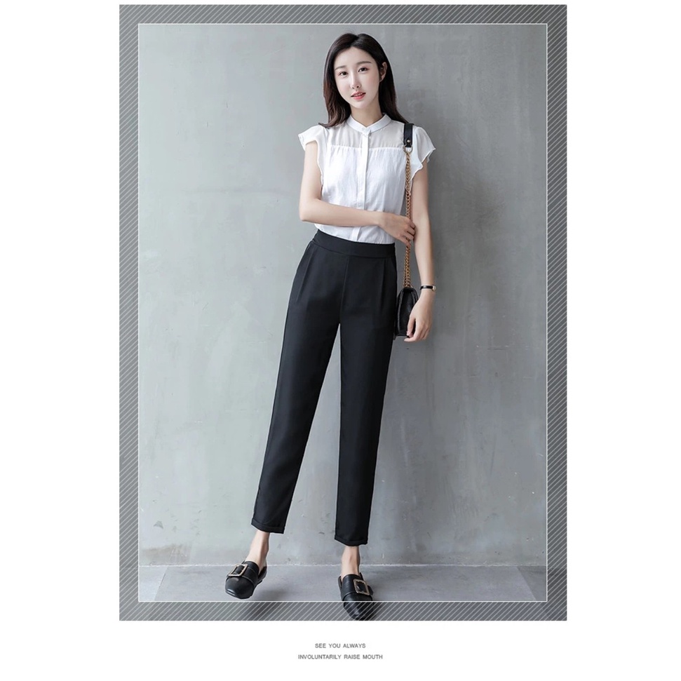 Quần Baggy nữ công sở cạp chun chất vải tuyết mưa mềm - Kiểu Quần tây bigsize nữ lưng cao màu đen mặc Đi làm - đi học