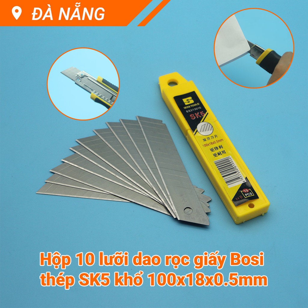 Hộp 10 lưỡi dao rọc giấy Bosi thép SK5 khổ 100x18x0.5mm