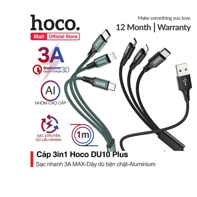 DÂY CÁP DÙ SẠC NHANH 3.0A 3IN1 HOCO DU10 PLUS. DÀI 1M