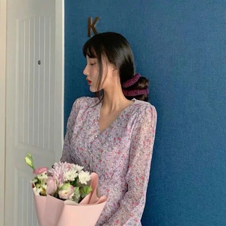 [Order] Váy tím hoa nhí cổ V (Ảnh thật)